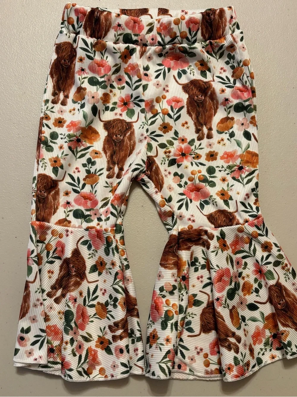 Floral & Brown Highland Cow Ruffle Pants with Matching Headband  0034S